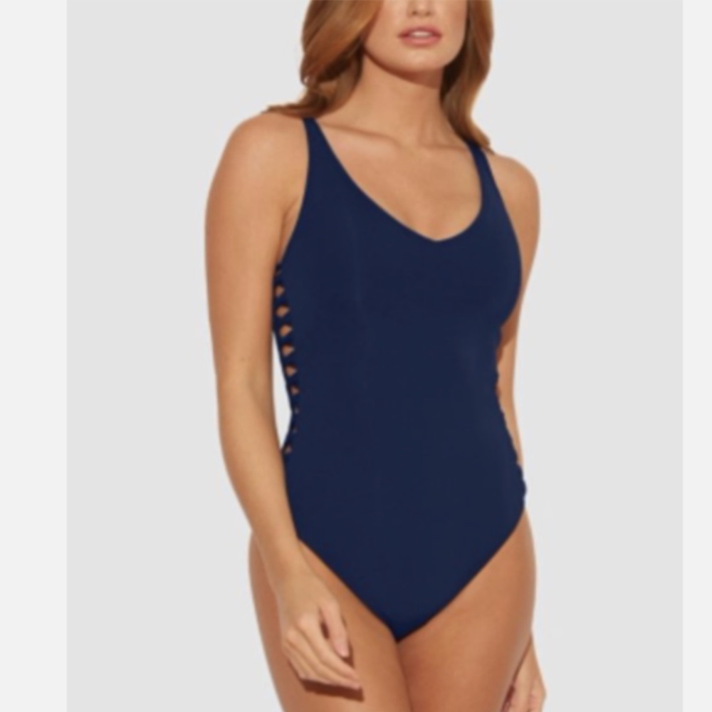 Bleu Rod Beattie V-Neck Strappy One-Piece Swimsuit RBTS00249 Navy 8,14 NWT
